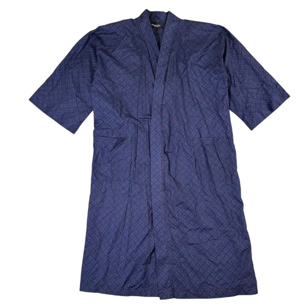 Christian Dior Monsieur Vintage Cotton Robe Blue Geometric Medallion One Size